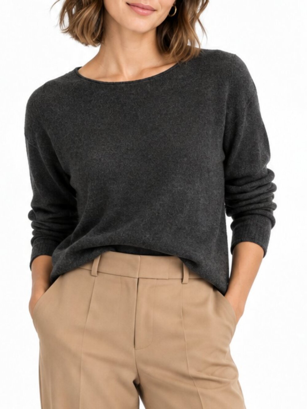 Vince Wool Cashmere Scoop Neck High Low Hem Sweater Charcoal Size M